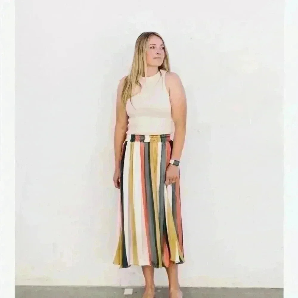 Mystery Satin stripe skirt elastic waist small gold green orange cream midi